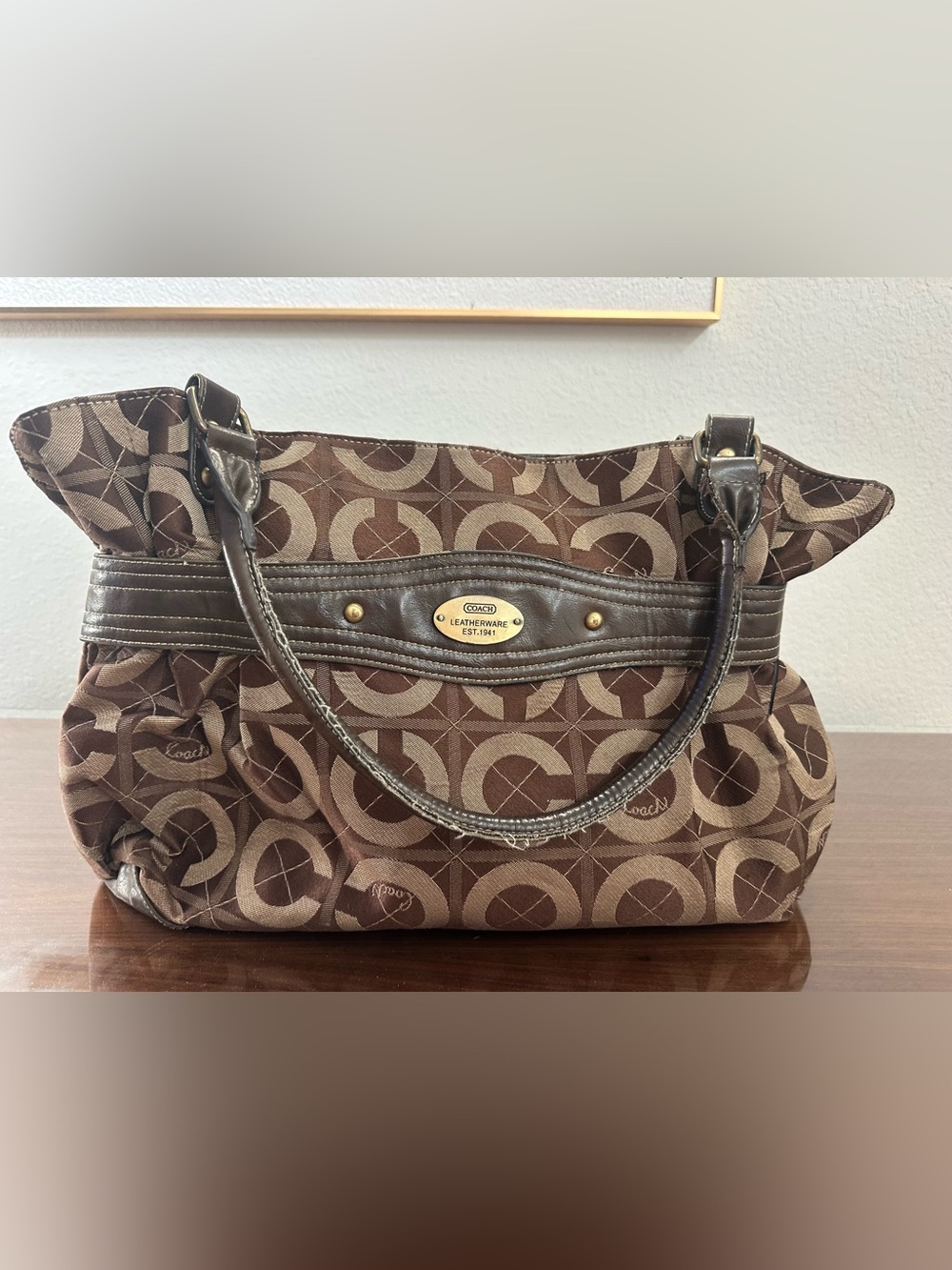 Vintage Coach Brown Signature Canvas Shoulder Bag with Leather Trim